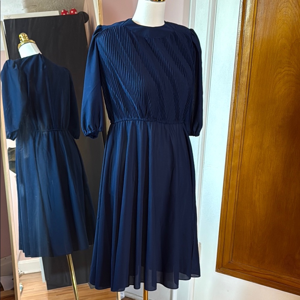 Blue A-Line Puff Sleeve Dress for Wedding Guests